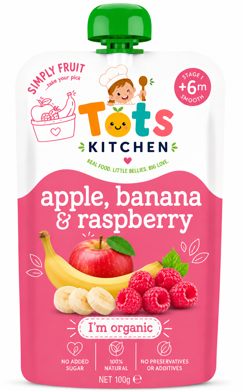Tots Kitchen Apple, Banana & Raspberry organic fruit pouch, Stage 1, 100g