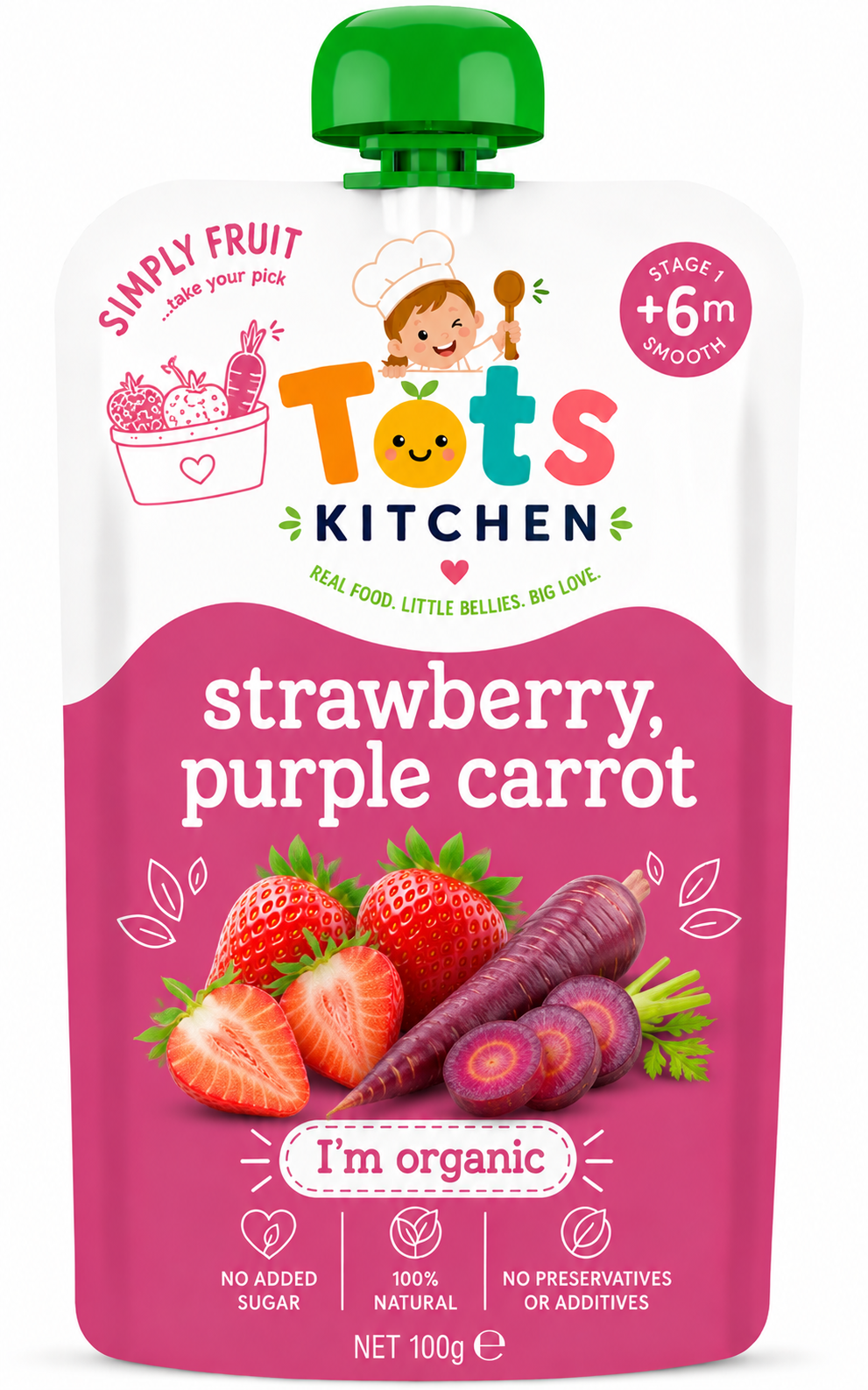 Tots Kitchen Strawberry & Purple Carrot organic fruit pouch, Stage 1, 100g
