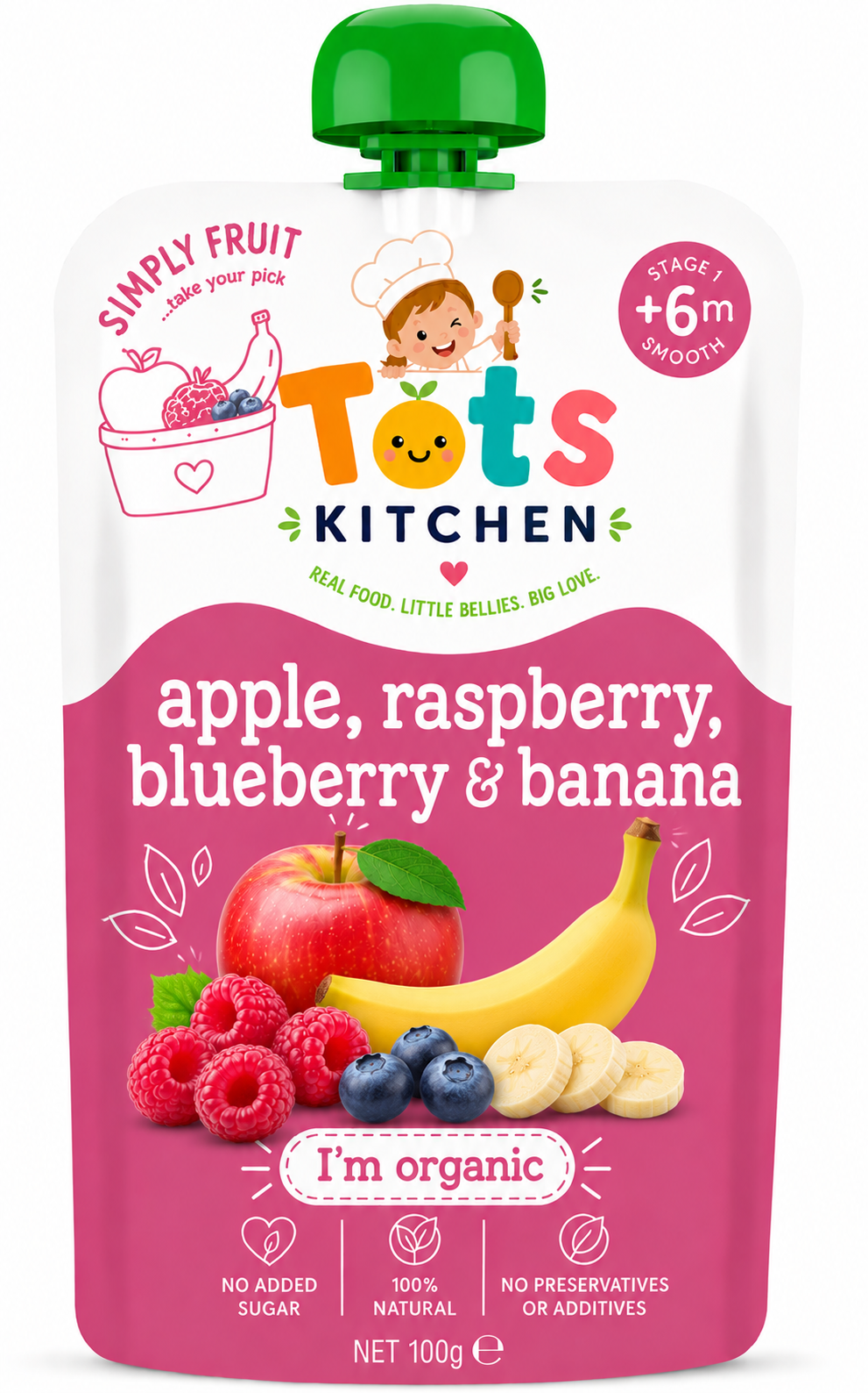 Tots Kitchen Apple, Raspberry, Blueberry & Banana organic fruit pouch, Stage 1, 100g