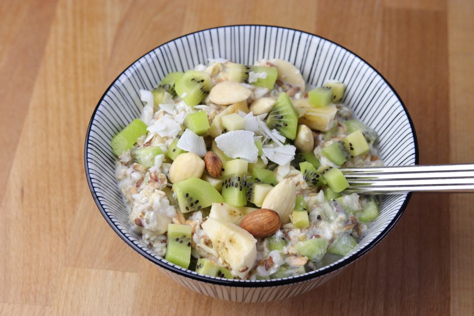 Wholesome porridge bowl topped with fruit
