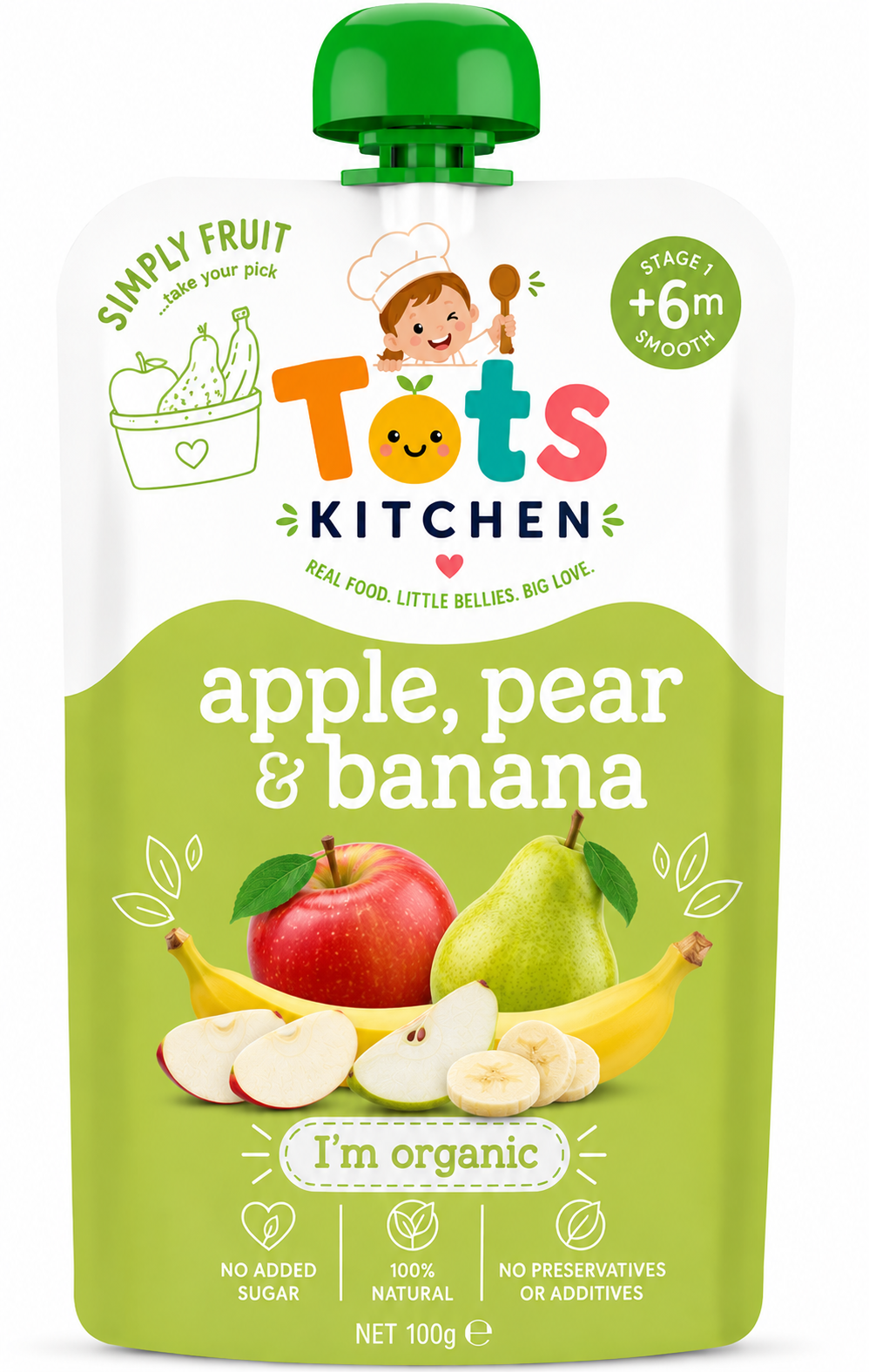 Tots Kitchen Apple, Pear & Banana organic fruit pouch, Stage 1, 100g