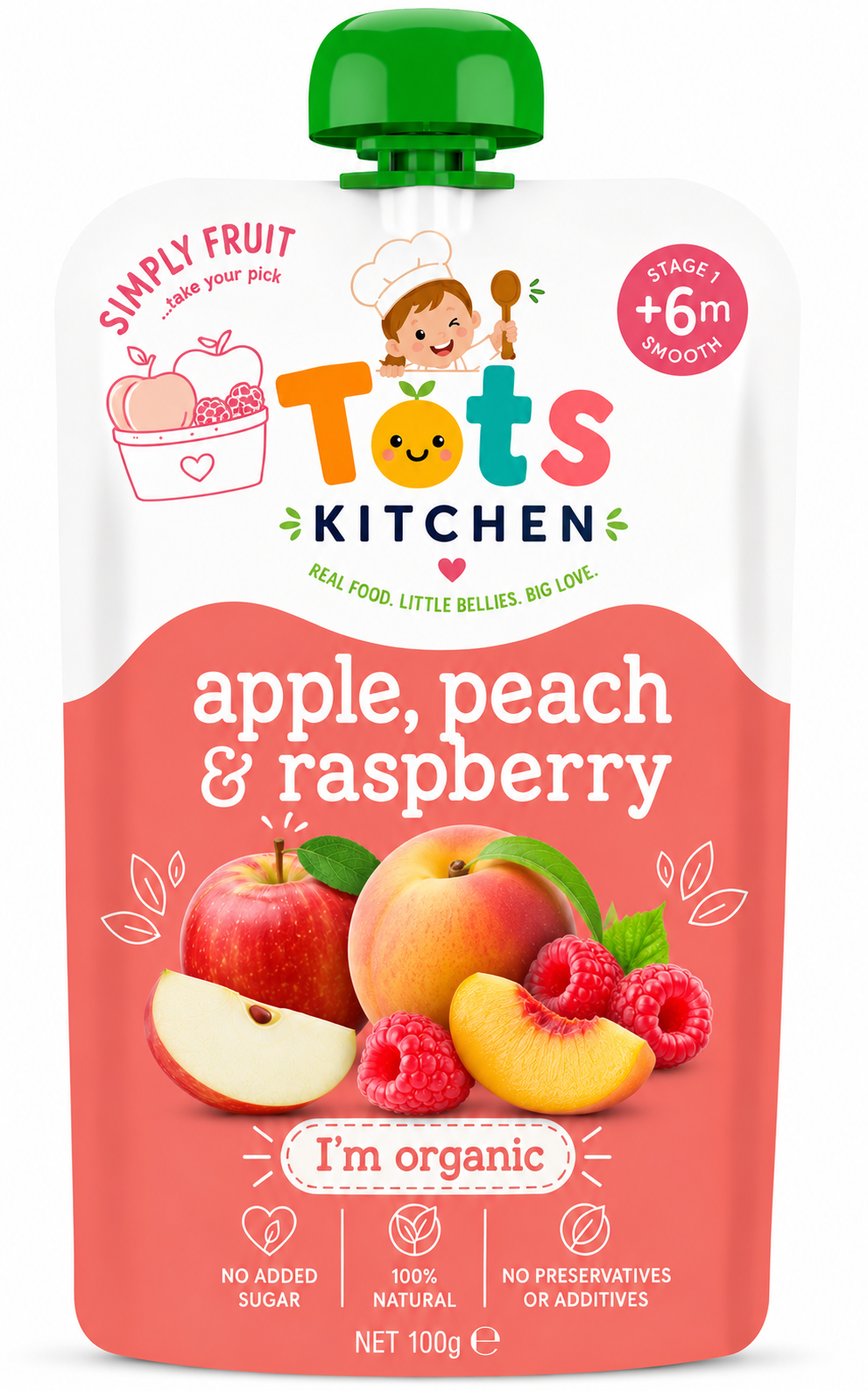 Tots Kitchen Apple, Peach & Raspberry organic fruit pouch, Stage 1, 100g