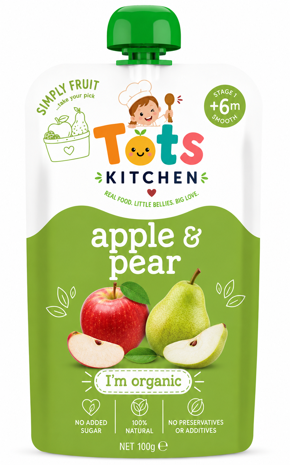 Tots Kitchen Apple & Pear organic fruit pouch, Stage 1, 100g