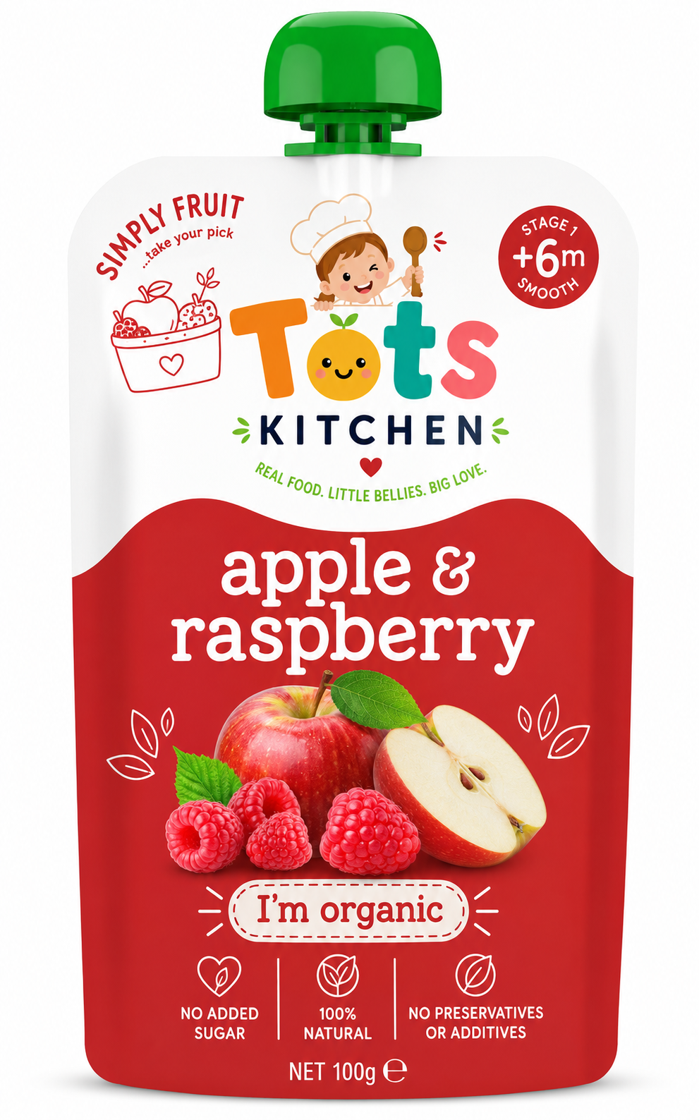Tots Kitchen Apple & Raspberry organic fruit pouch, Stage 1, 100g