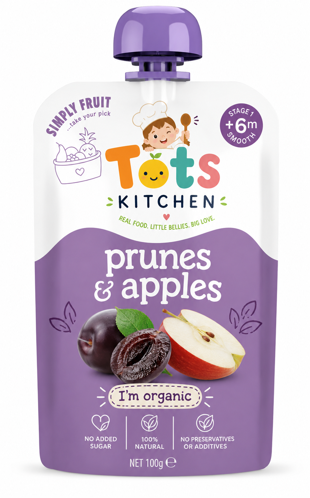 Tots Kitchen Prunes & Apples organic fruit pouch, Stage 1, 100g