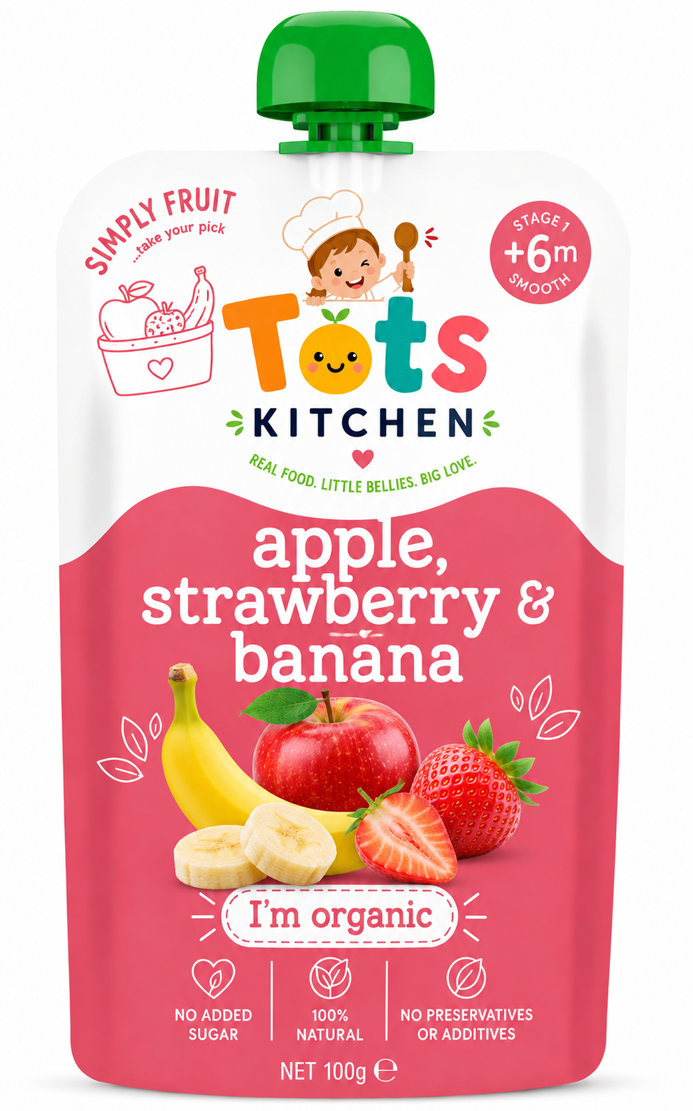 Tots Kitchen Apple, Strawberry & Banana organic fruit pouch, Stage 1, 100g