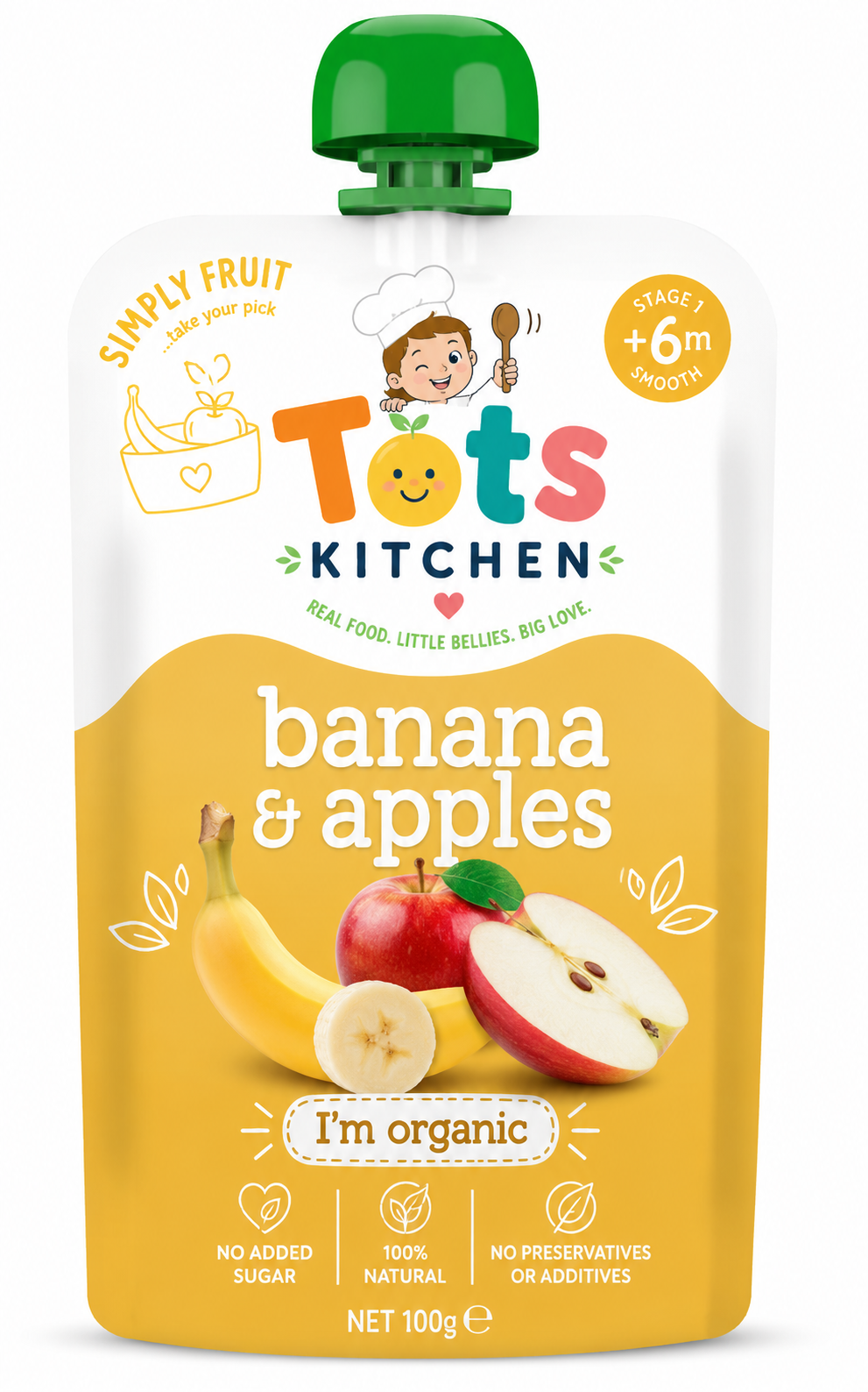 Tots Kitchen Banana & Apples organic fruit pouch, Stage 1, 100g